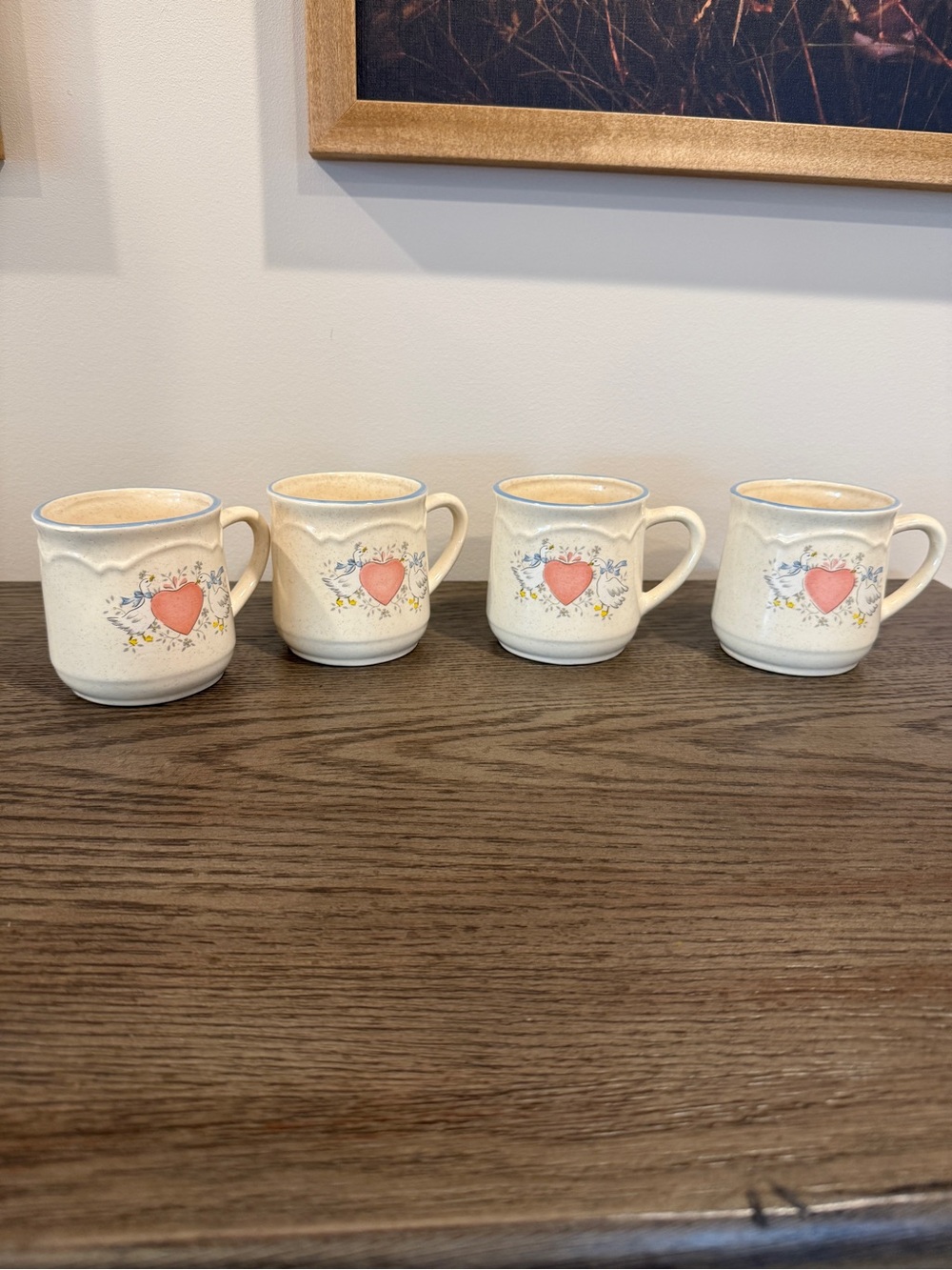 4 Vintage Country Heart Ceramic Coffee Mugs Heart Goose w/ Ribbon - CottageCore